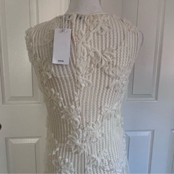 Mango Floral Appliqué Open Stitch Dress Ecru Large NEW - Picture 8 of 11